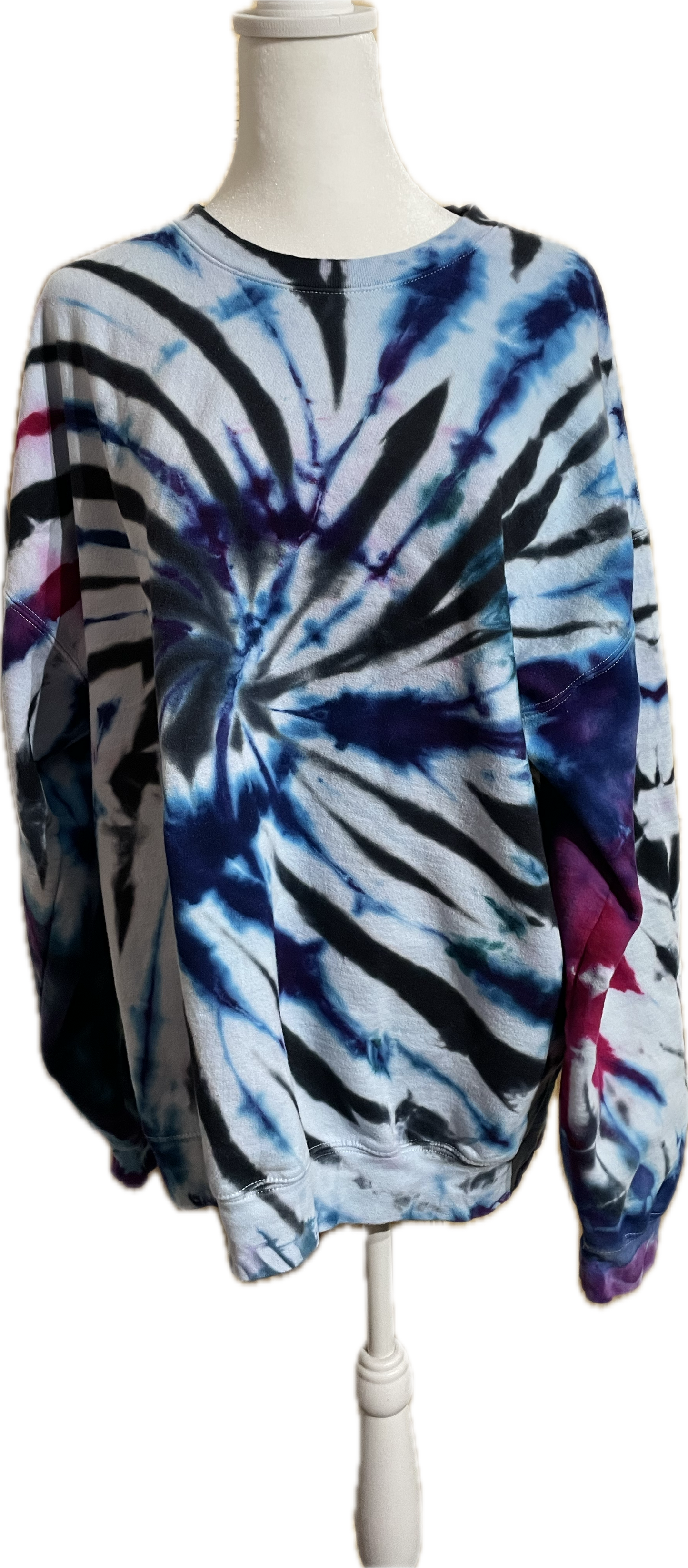Size XLarge Black pink teal and blue spiral tie dye crewneck sweatshirt